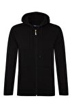 Süvari Üç İplik Kapşonlu Fermuarlı Siyah Sweatshirt