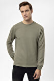 Haki Slim Fit Armürlü Bisiklet Yaka Sweatshirt