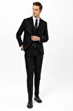 Siyah Slim Fit Armürlü Sivri Yaka 6 Drop Yelekli Klasik Takım Elbise