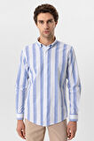 Mavi Slim Fit Desenli Düğmeli Yaka Çizgili Gömlek