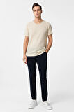 Ekru Slim Fit Armürlü Bisiklet Yaka Tişört