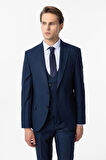 Lacivert Slim Fit Armürlü Sivri Yaka 6 Drop Yelekli Klasik Takım Elbise
