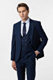 Lacivert Slim Fit Armürlü Sivri Yaka 6 Drop Yelekli Klasik Takım Elbise