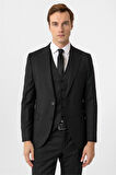 Siyah Slim Fit Armürlü Sivri Yaka 6 Drop Yelekli Klasik Takım Elbise