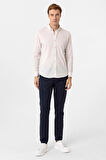 Ekru Slim Fit Armürlü Düğmeli Yaka Gömlek
