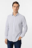 Lacivert Regular Fit Düz Düğmeli Yaka Çizgili Gömlek