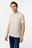 Bej Slim Fit Armürlü Bisiklet Yaka Tişört