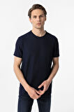 Lacivert Slim Fit Armürlü Bisiklet Yaka Tişört
