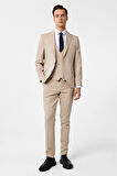 Bej Slim Fit Desenli Sivri Yaka 6 Drop Yelekli Klasik Takım Elbise