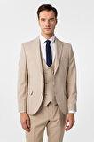 Bej Slim Fit Desenli Sivri Yaka 6 Drop Yelekli Klasik Takım Elbise