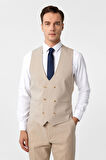 Bej Slim Fit Desenli Sivri Yaka 6 Drop Yelekli Klasik Takım Elbise
