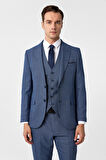 Parlament Mavi Slim Fit Desenli Mono Yaka 6 Drop Yelekli Klasik Takım Elbise