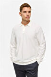 Beyaz Regular Düz Polo Yaka Sweatshirt