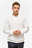 Beyaz Regular Düz Polo Yaka Sweatshirt