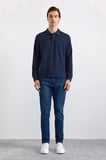 Lacivert Regular Düz Polo Yaka Sweatshirt