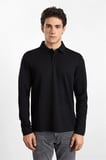 Siyah Regular Dikey Çizgili Baskısız Jakarlı V Pat Polo Yaka Cepsiz Sweatshirt