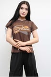 Moda Çizgi Shine Baskılı Tshirt Kahve Kahverengi