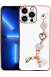 Apple iPhone 14 Pro Max Kılıf Kalpli Çiçekli Bileklik Zincirli Kamera Korumalı Kenarları Gold Renk, Silikon