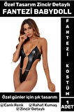 Özel Kreasyon Kaliteli Özel Gün Cosplay Deri Görünümlü Zincir Detaylı Erotik Siyah FANTEZİ BABYDOLL