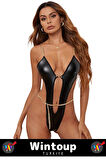 Özel Kreasyon Kaliteli Özel Gün Cosplay Deri Görünümlü Zincir Detaylı Erotik Siyah FANTEZİ BABYDOLL