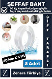 Premium Güçlü Yüksek Mukavemetli 60 Kg Kapasite Nano Çift Taraflı Doku Şeffaf Bant 3 Metre X 3 Adet