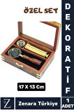 Dekoratif Koleksiyon Sevgili Özel Gün Hediye PİRİNÇ Ahşap Kutu Pusula Dürbün Büyüteç ÖZEL SET