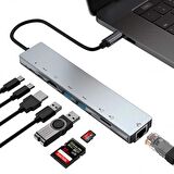 Coofbe 8in1 Multifoksiyonel Type-C Hub Type-C to RJ45 4K HDMI SD Kart USB Dönüştürücü 3XUSB+2 PD