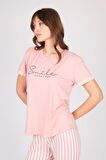 Kadın Kısa Kollu Yumuşak Dokulu Pembe Pijama Takımı