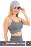 Göğüs Toparlayıcı Sarkma Önleyen Gündelik Spor Kullanım Şık İnce Askılı Pedli Çizgili Crop Büstiyer