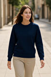 Kadın Oversize Üç İplik Şardonlu Bisiklet Yaka Lacivert Sweatshirt