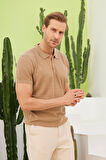 Erkek Polo Yaka Jakarlı Triko T-Shirt Bej