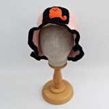 El Örgüsü Kadın Bucket Şapka - Pembe Siyah - Turuncu Kedi