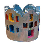 Uretti - Ayşe 7362 5814 El Yapımı Ev Motifli Renkli Dekoratif Mumluk Dekoratif Biblo