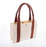 Kanvas Tote Bag, Orta Boy Krem-Kiremit Kadın Kol ve Omuz Çantası, 35x25 cm,Ön ve İç Cepli,Mıknatıslı