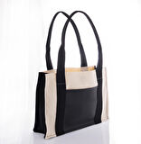 Deri Cepli Kanvas Tote Bag, Orta Boy Krem-Siyah Kadın Kol ve Omuz Çantası, 35x25 cm, Ön ve İç Cepli