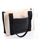 Deri Cepli Kanvas Tote Bag, Orta Boy Krem-Siyah Kadın Kol ve Omuz Çantası, 35x25 cm, Ön ve İç Cepli