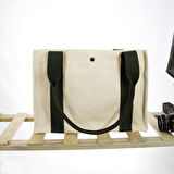 Kanvas Tote Bag, Orta Boy Krem-Yeşil Kadın Kol ve Omuz Çantası, 35x25 cm, Ön ve İç Cepli,Mıknatıslı