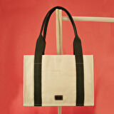 Krem&Yeşil Tote Bag, Ön ve İç Cep Detaylı, 25x35 cm, Kadın Günlük Kol ve Omuz Çantası