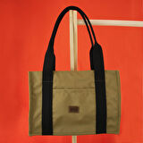 Kanvas Tote Bag, Orta Boy Haki Kadın Kol ve Omuz Çantası, 35x25 cm, Ön ve İç Cepli, Mıknatıs Ağızlı