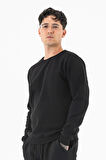 Erkek Siyah Sweatshirt Bisiklet Yaka Rahat Kalıp 3 iplik Şardonlu Nakışlı