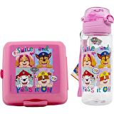 Pembe Paw Petrol Şeffaf Matara 500ml + Paw Petrol Beslenme Kabı - Lisanslı Paw Petrol Pipetli Matara
