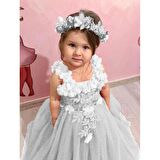 Çiçekli Sim Baskılı Tartalanlı Çocuk Abiyesi  -Tüllü Kabarık  Çocuk Elbisesi + Taç - Kız Elbise