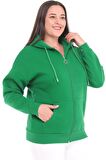 Kadın Büyük Beden Şardonlu Fermuarlı Kalın Yeşil Sweatshirt