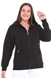Kadın Büyük Beden Şardonlu Fermuarlı Kalın Siyah Sweatshirt