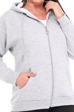 Kadın Büyük Beden Şardonlu Fermuarlı Kalın Gri Sweatshirt