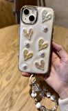 iPhone 14 Uyumlu Lux Işıltılı İnci Charmlı Kalpli Kılıf