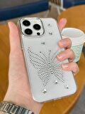 iPhone 14 Promax Uyumlu Gümüş Taşlı Kelebek Desenli Şeffaf Kılıf