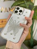 iPhone 15 Promax Uyumlu Gümüş Taşlı Kelebek Desenli Şeffaf Kılıf