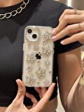 iPhone 15 Plus Uyumlu Gümüş Kristal Taşlı Yıldızlı Şeffaf Kılıf