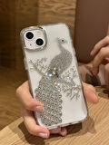 iPhone 14 Plus Uyumlu Taşlı Tavuskuşu Desenli Şeffaf Kılıf